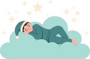 Sleeping child resting peacefully on cloud with stars around calm dreamy night scene vector