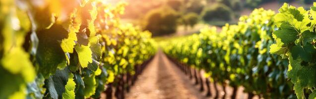 Lush vineyard rows under warm evening sunlight photo