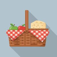 Picnic basket with red and green apples and cheese on red checkered cloth illustration vector