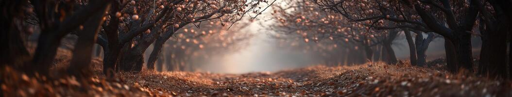 Autumn foliage covers a serene forest path at dusk photo