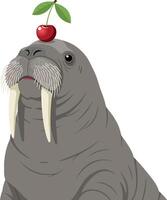 Walrus with Cherry on Head Illustration in Minimalist Style vector