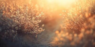 Sunlight shines through spring's blooming shrubs photo