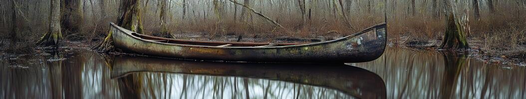 Old canoe resting quietly in a misty swamp photo