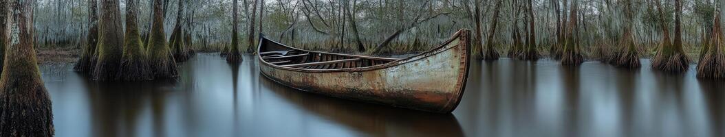 Old canoe resting on calm waters surrounded by trees photo