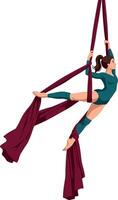 Aerial silk acrobat performing elegant pose with burgundy fabric in dynamic aerial dance vector