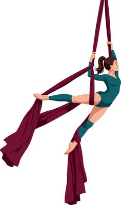 Aerial silk acrobat performing elegant pose with burgundy fabric in dynamic aerial dance
