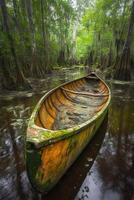 Old wooden boat resting in a tranquil swamp area photo