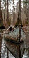 Abandoned boat resting in a tranquil swamp photo
