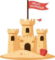 Sandcastle with red flag saying Hello Summer on sandy beach illustration vector