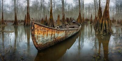 Abandoned wooden boat in a serene swamp landscape photo