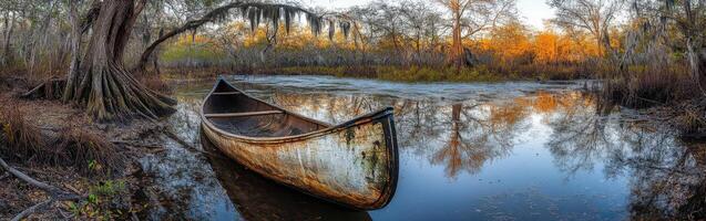 Calm morning at a secluded bayou with a canoe photo
