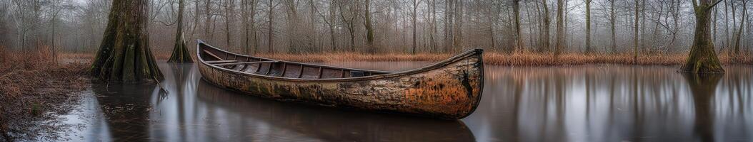 Canoe resting on still water surrounded by trees photo