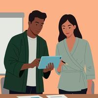Two People Collaborating Using Tablet in Office Environment Illustration vector
