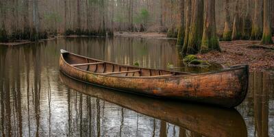 Canoe resting peacefully on calm waters of swamp photo