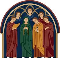 Group of medieval monks in colorful robes standing in arched frame illustration vector
