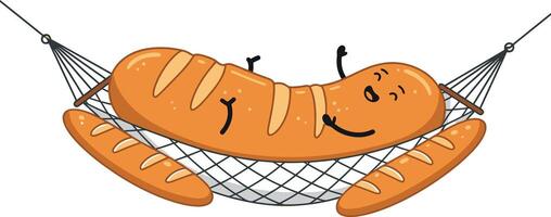 Bread loaf and baguettes resting in hammock illustration with smiling faces vector