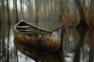 Lonely canoe floats in calm misty waters of swamp photo