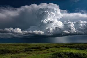 Dynamic clouds above a vibrant green landscape at dusk photo