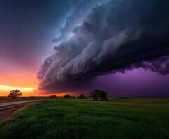 Dramatic storm clouds over vibrant prairie landscape photo