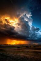 Dramatic sunset over rolling hills with stormy skies photo