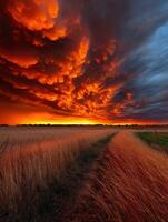 Dramatic sunset over golden grassland landscape photo