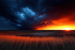 Vibrant sunset over dramatic stormy landscape photo