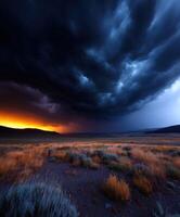 Dramatic storm clouds over a vast field at dusk photo