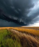 Stormy skies over golden grasslands and green fields photo