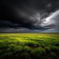 Dark storm clouds loom over vibrant green fields photo