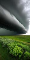 Dark storm clouds gathering over a vibrant green field photo