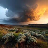 Dramatic cloud formation over rolling hills at sunset photo
