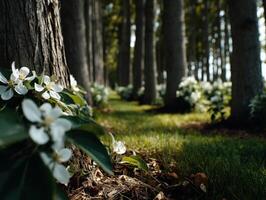 Blooming flowers amid tall trees in springtime forest photo