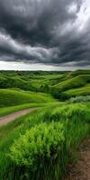 Lush green hills under a dramatic sky in nature photo