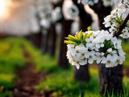 Blossoming white flowers greet the warmth of spring photo