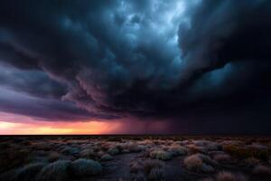 Dramatic storm clouds over a tranquil landscape at dusk photo