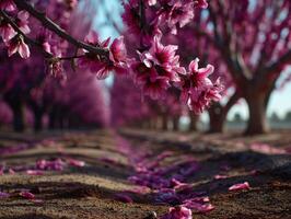 Blooming pink flowers in a spring orchard landscape photo
