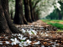 Blossoms cover the ground in a serene spring setting photo