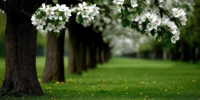 Blossoming trees line a grassy park path in spring photo