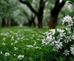 Blossoming white flowers in a serene spring landscape photo