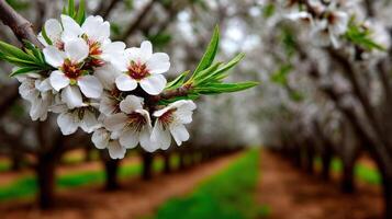 Blossoming almond trees fill the orchard in spring photo