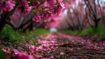 Blossoming cherry trees in a serene spring path photo
