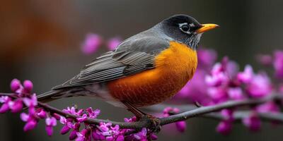 Vibrant robin perched on blooming spring branch photo