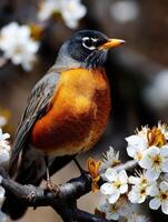 Robin perched on blossoms during springtime day photo