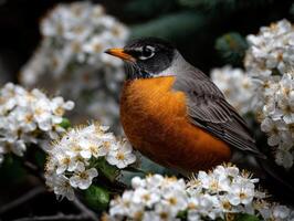 Spring robin perched on blooming flowers in garden photo