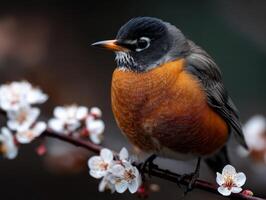 Robin perched on a tree branch with spring blossoms photo