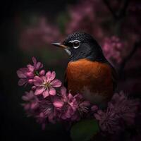 Robin perched on blossoms signals arrival of spring photo