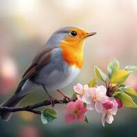 Bright robin perched among spring flowers in bloom photo