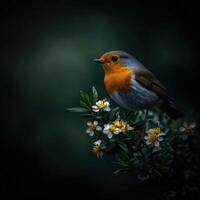 Robin sits on blooming branch at spring fest photo