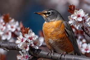 Robin perched among spring blossoms in vibrant scenery photo