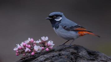 Colorful robin perched near blooming spring flowers photo